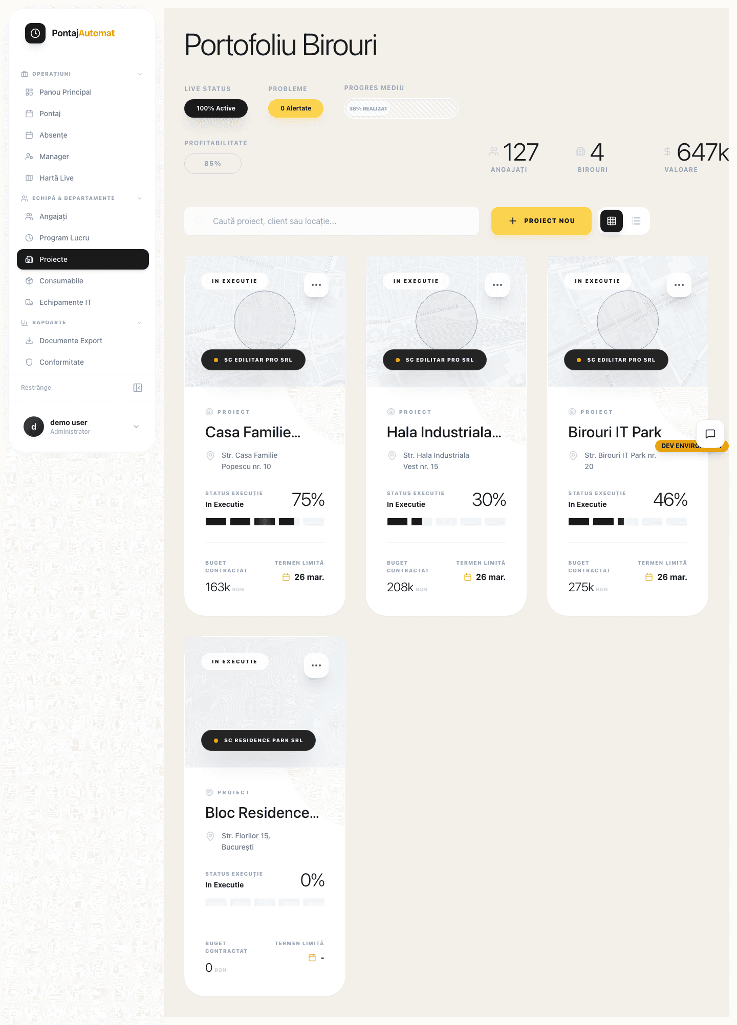 Ecran real cu portofoliu de proiecte, profitabilitate și progres