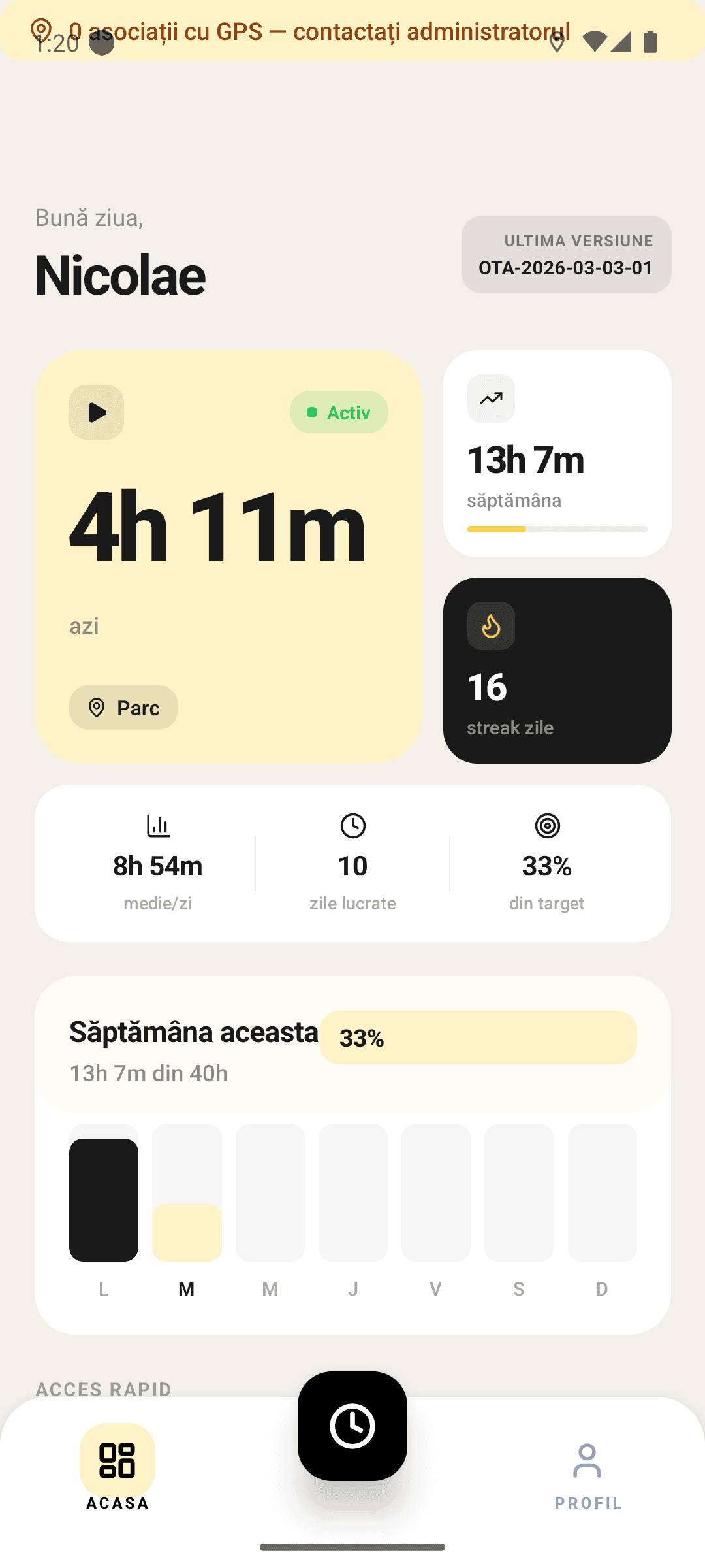 Ecranul muncitorului cu orele și starea lui din aplicație